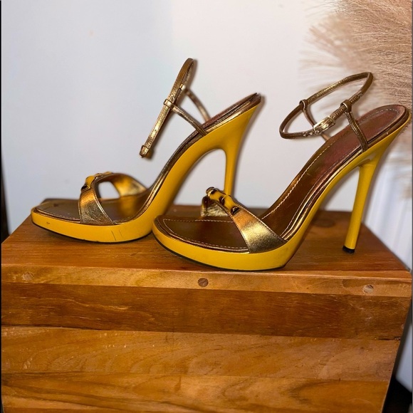 VINTAGE GOLD BAMBOO CASADEI HIGH HEELS SZ 9 - Picture 1 of 10